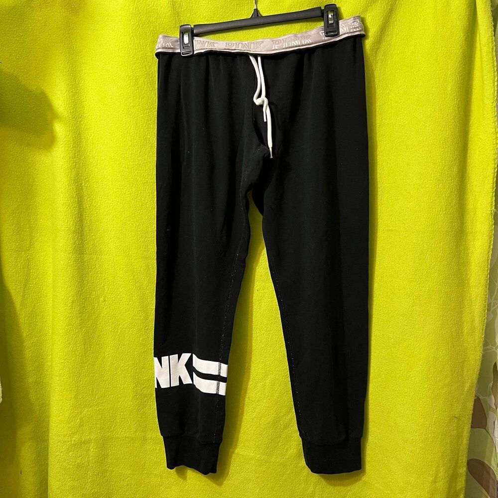 Victoria’s Secret PINK Logo Gym Pants Black White Large Foldover Band